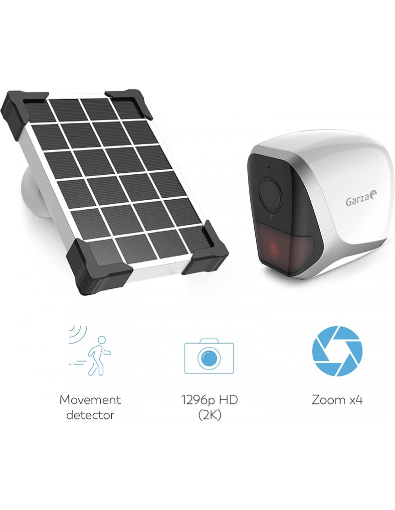 Cámara Wifi de exterior con batería 1296p SFHD 2K y panel solar Garza Smart. Mod. 401365G