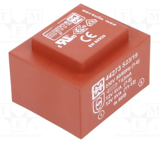 Transformador cerrado 10VA 230VCA 2X12V 2X417mA PCB. Mod. 44273