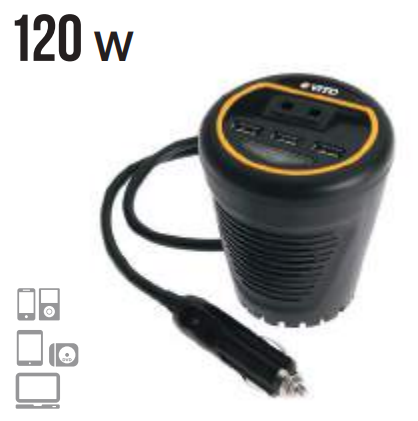 Inversor coche 12V a 230V 120W + 3xUSB VITO. Mod. VIIA120