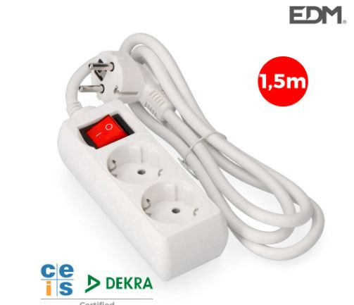[41016ELK] BASE MULTIPLE 2 TOMAS SCHUKO CON INTERRUPTOR 1,5 MTS. 3x1,5mm EDM. Mod. 41016