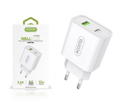 [AC520WSUR] Cargador De Pared Con Puertos Type-C+USB 2.4A Accetel. Mod. AC520W